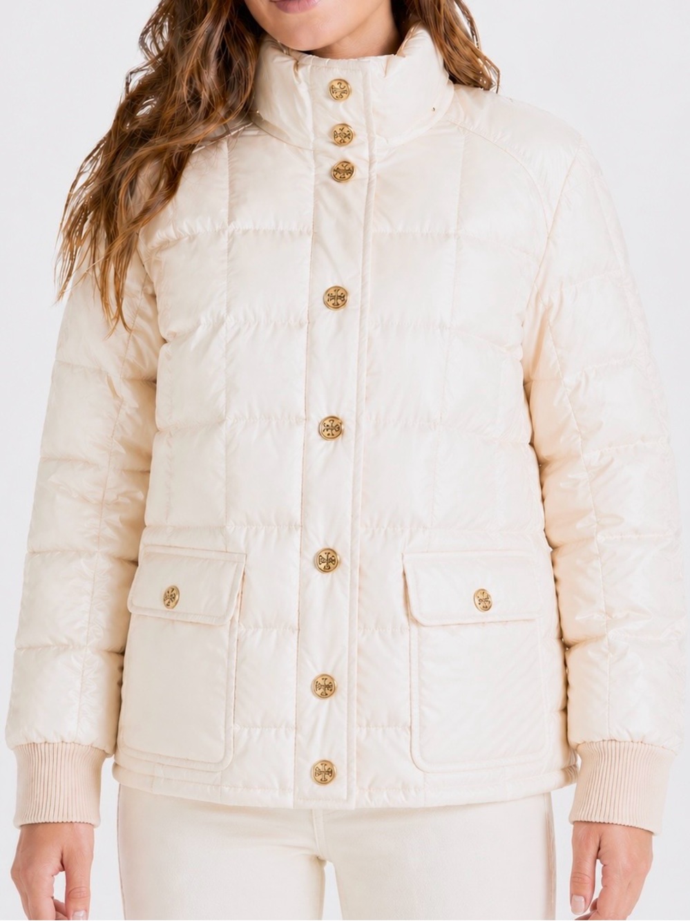 TORY BURCH White Down Quilted Puffer Jacket w Gold TB Buttons Cream Winter Coat